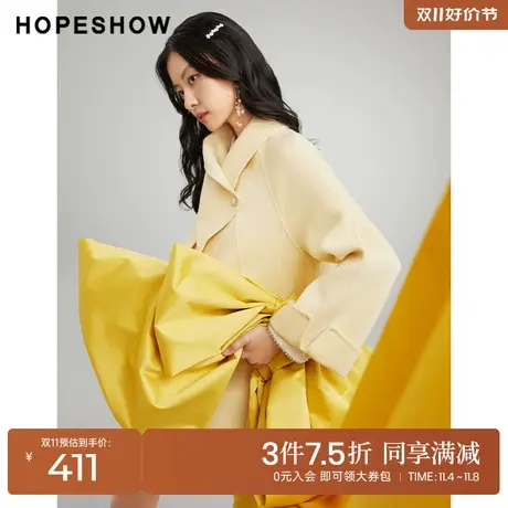 红袖outlets单排扣双面呢大衣hopeshow2022冬季款围巾领宽松外套图片