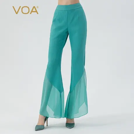 VOA青蓝41姆米重磅真丝显瘦竖条纹理插袋脚口开叉桑蚕丝微喇长裤图片