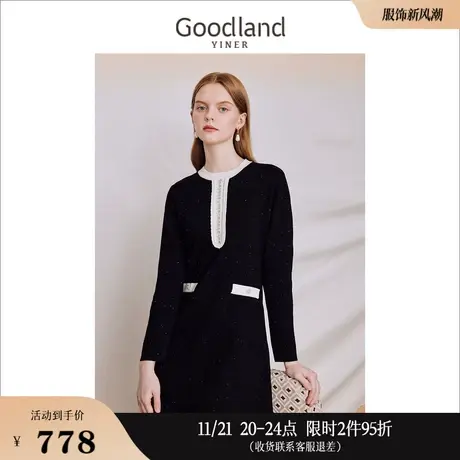 Goodland美地女装2023秋季钉珠收腰显瘦优雅针织圆领连衣裙图片