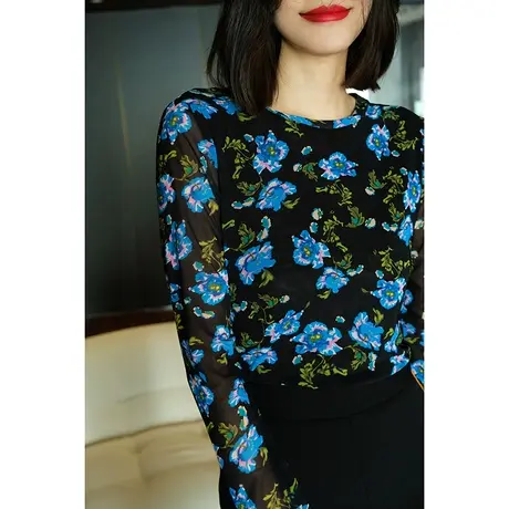 23秋冬春夏新款女装复古双层百搭亲肤蓝粉百合花女士打底衫上衣图片