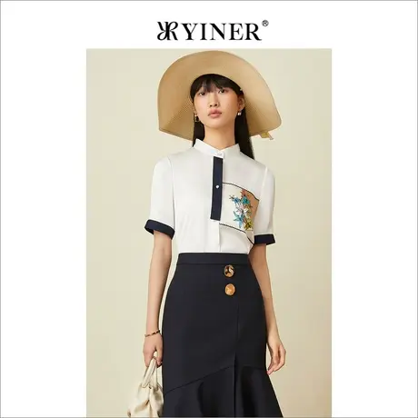 YINER音儿专柜女装2022夏季新款撞色设计感花朵图案衬衫商品大图