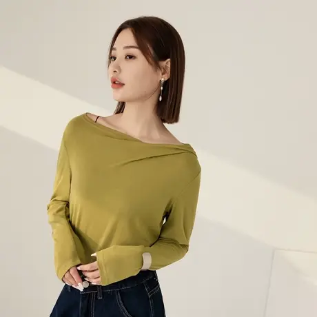 桔熊秋季休闲莫代尔打底衫设计感褶皱船领长袖上衣女大码AB17669商品大图