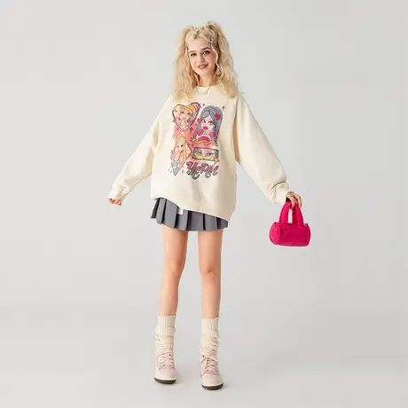 yep甜心圆领卫衣女春秋oversize美式复古无帽上衣潮牌外套粉色商品大图