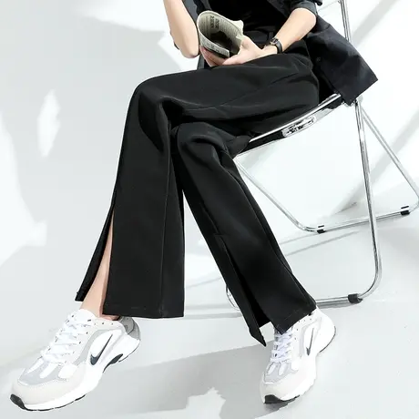 断码清仓前开叉裤子女黑色高腰微喇叭裤显瘦新款西裤休闲阔腿长裤商品大图