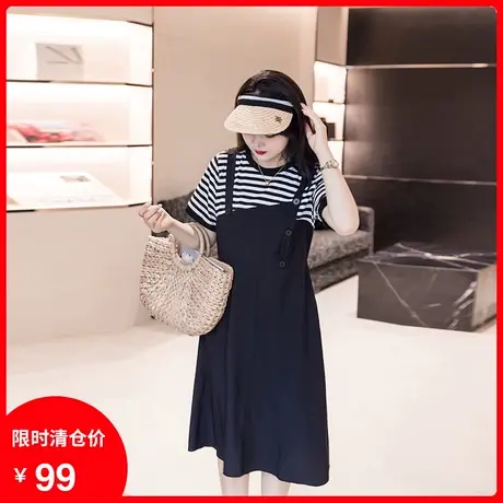 【清仓】季新款黑色拼接条纹设计感不规则休闲显瘦胖MM大码连衣裙商品大图