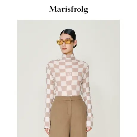 【商场同款】玛丝菲尔夏装新款棋盘格纯羊毛高领打底衫女商品大图