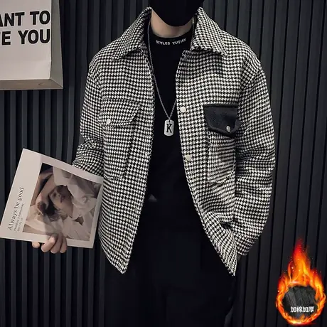 千鸟格呢子工装外套男秋冬个性口袋拼接痞帅休闲加棉毛呢格子外套商品大图