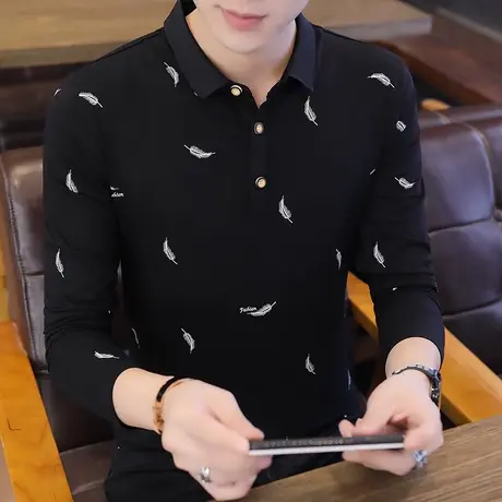 纯棉春季翻领长袖polo衫男士t恤2023新款潮流百搭休闲青年打底衫商品大图