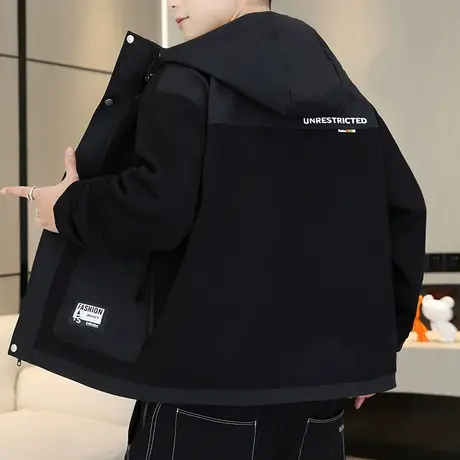 休闲外套男士秋季2023新款大码学生工装连帽夹克宽松潮牌痞帅男装商品大图