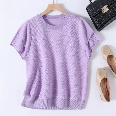2023新款韩版宽松圆领短袖针织衫女士套头T恤女上衣纯色镂空打底商品大图