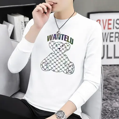 240G重磅t恤男士长袖纯棉小熊白色上衣服宽松内搭打底衫全棉体恤商品大图
