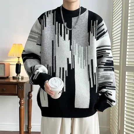 撞色毛衣男冬季加厚潮牌潮流针织衫宽松慵懒风毛衫外套帅气毛线衣商品大图