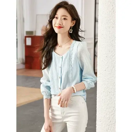 时尚气质淑女长袖衬衫2023年春季新款温柔甜美显瘦通勤方领上衣图片