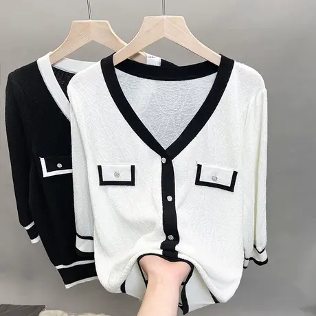 小香风v领针织开衫女2023春夏秋新款七分袖上衣防晒衣外穿空调衫图片