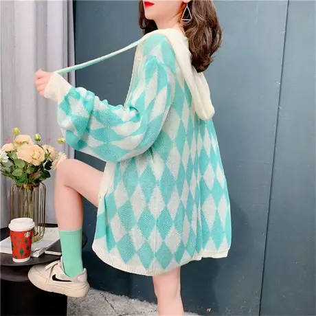 中长款菱形连帽针织开衫女200年新款春夏宽松慵懒风冰丝防晒外套商品大图