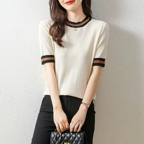 夏季女士撞色薄圆领T恤2023新款宽松套头针织衫韩版拼色打底上衣商品大图