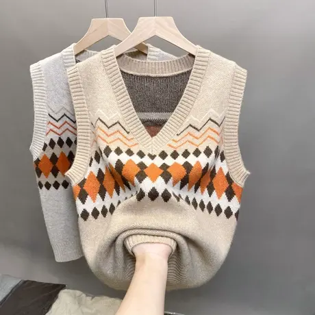 2023秋季新款无袖V领毛衣女复古棱格外搭坎肩外套针织马甲背心女商品大图