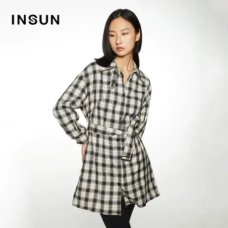 INSUN恩裳冬季格纹翻领收腰羊毛连衣裙图片