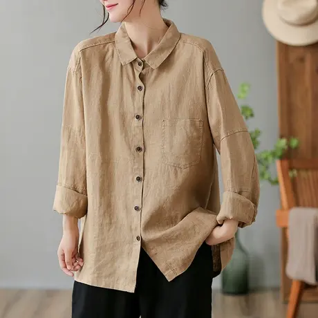 dza 复古纯色亚麻上衣女士长袖衬衫春秋新款宽松显瘦翻领棉麻衬衣图片