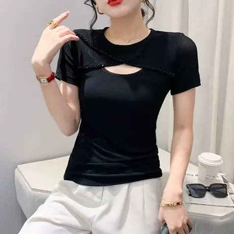 欧货性感网纱上衣女短袖时尚洋气钉珠T恤心机镂空小衫百搭体恤夏图片