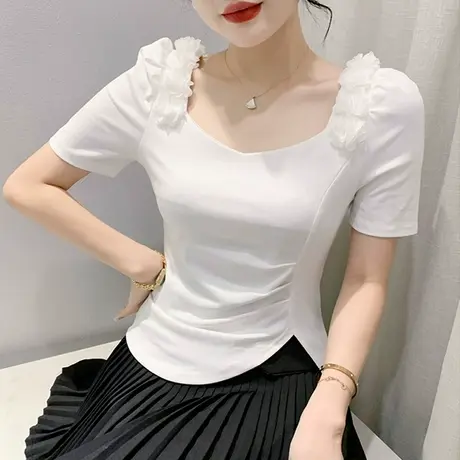 设计感不规则T恤女短袖2024夏装新款时尚泡泡袖上衣开叉收腰小衫商品大图
