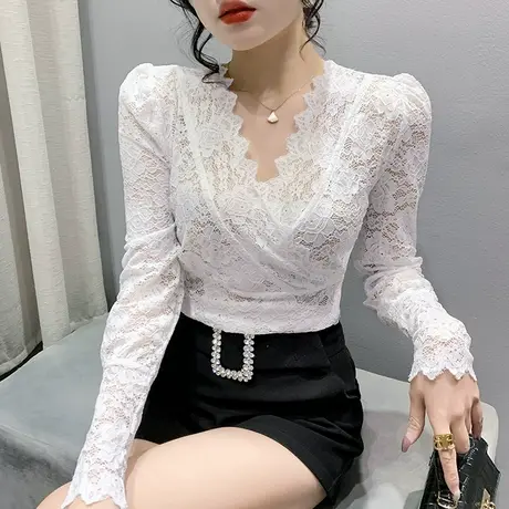 女装2024新款性感V领蕾丝衫长袖高腰短款紧身上衣气质百搭打底衫图片