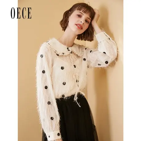 Oece秋冬季新款复古波点衬衣减龄娃娃领长袖上衣衬衫图片