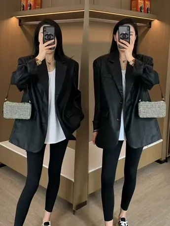 黑色西装皮衣外套女2023春秋新款PU皮高级感炸街时尚宽松西服上衣图片