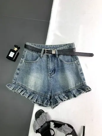 水洗磨白木耳边牛仔短裤女2023夏季新款显瘦百搭高腰裤性感包臀裤商品大图