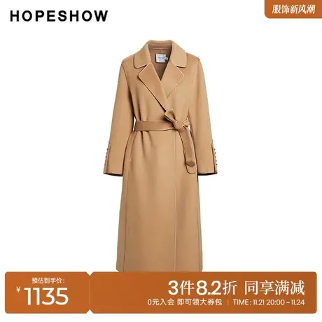 红袖outlets收腰系带单排扣翻领大衣hopeshow2023冬款中长款外套商品大图
