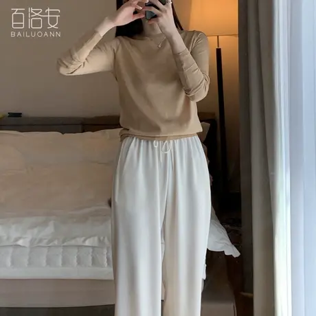 百洛安简约圆领纯色打底针织衫女春装新款温柔风软糯套头毛衣上衣图片