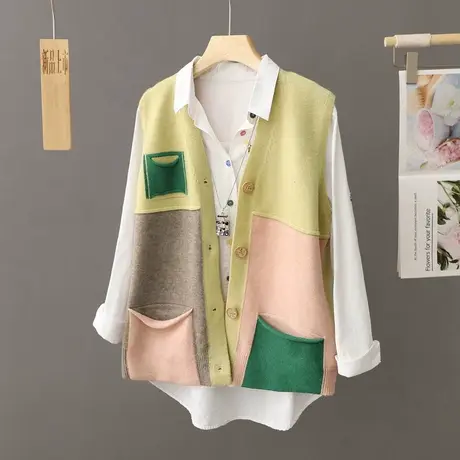 复古拼色针织V领马甲女开衫春秋外套宽松毛衣马夹叠穿外搭上衣潮图片