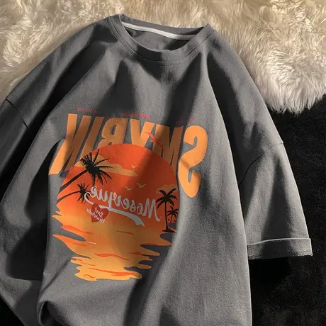 国潮大码oversize复古t恤女ins潮纯棉情侣短袖宽松港风圆领上衣夏商品大图