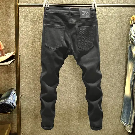 春季黑色牛仔裤男潮牌修身小脚裤高端轻奢时尚休闲欧货弹力长裤子商品大图