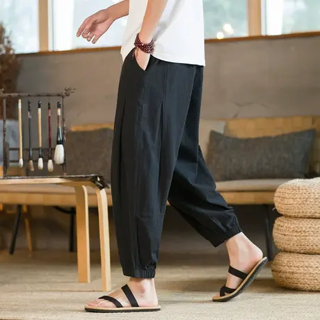 裤子男士夏季薄款宽松潮流休闲裤男款纯棉运动裤潮牌九分裤束脚裤商品大图