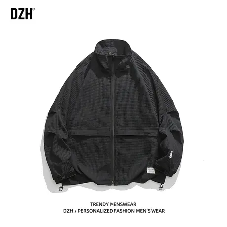 男士黑色华夫格外套男春秋款宽松防风立领夹克潮牌男装2023年新款商品大图