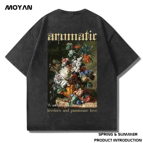 2025重磅潮牌宽松T恤美式油画复古短袖纯棉水洗做旧大码男装半袖商品大图