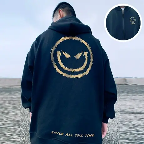 春秋季加绒加厚小恶魔笑脸连帽拉链卫衣加肥加大码鬼脸开衫外套男图片