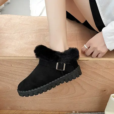 雪地靴女皮毛一体2023冬新款时尚短筒加绒加厚懒人毛毛搭扣平底靴图片