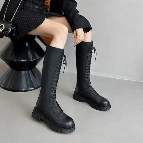 不过膝长靴女2023年新款秋冬加绒粗跟厚底中筒靴小个子系带瘦瘦靴图片