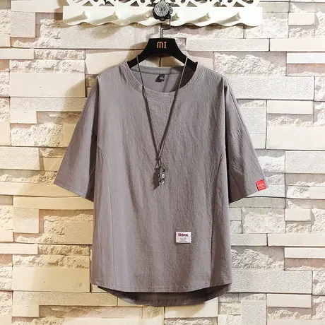 男士t恤2022新款纯色棉麻胖体桖男半袖潮流加肥加大码夏季男t短袖商品大图