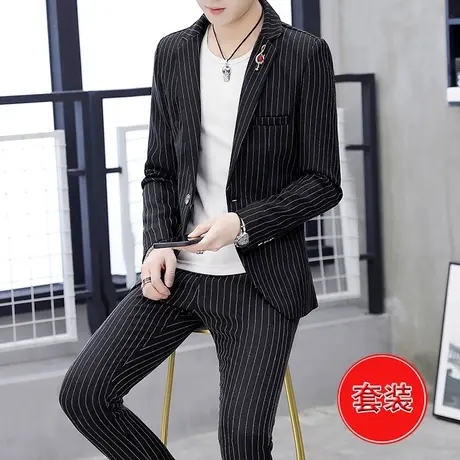 青年韩版条纹修身小西服秋冬季男士痞帅气休闲西装搭配裤子一套装图片