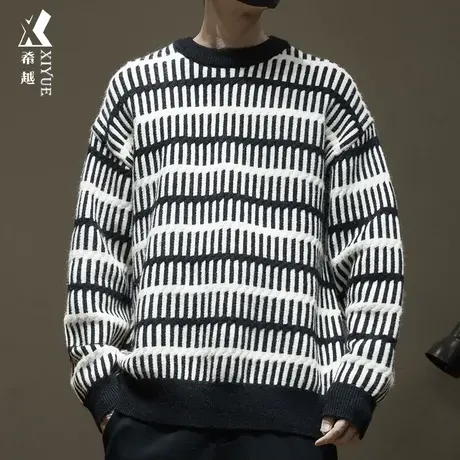 17针重磅700g条纹毛衣冬季加厚保暖宽松大码男士圆领针织衫外套潮商品大图