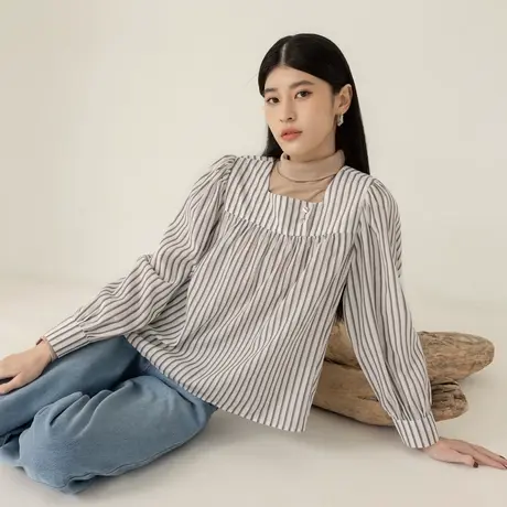 桔熊秋冬季通勤宽松不易皱条纹印花方领长袖上衣女装大码AB19198商品大图