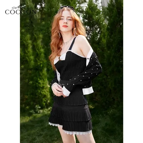 missCOCOON黑白撞色针织开衫女2023新款法式小香风吊带外搭两件套商品大图