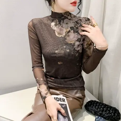 性感网纱打底衫长袖印花时尚T恤半高领加绒内塔修身上衣打底小衫商品大图