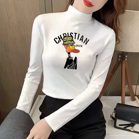 双面德绒加厚磨毛打底衫女024秋冬新款卡通印花内搭t恤长袖上衣商品大图