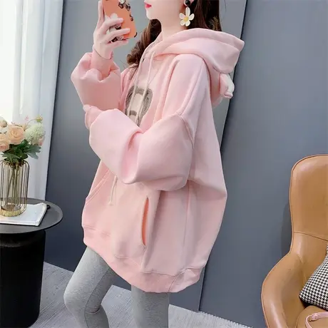 2023秋冬新款加绒加厚粉色连帽卫衣女宽松慵懒风洋气减龄百搭外套商品大图