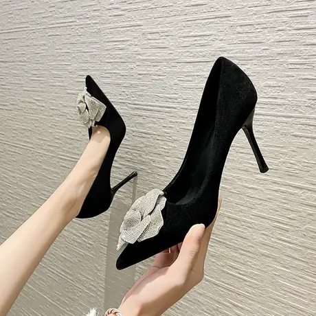 高跟鞋女2024新款春秋性感尖头水钻山茶花法式细跟黑色单鞋工作鞋图片