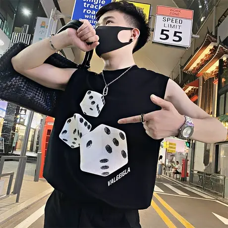 夏季无袖t恤上衣趣味骰子印花设计2023新款潮流休闲宽松背心体恤商品大图